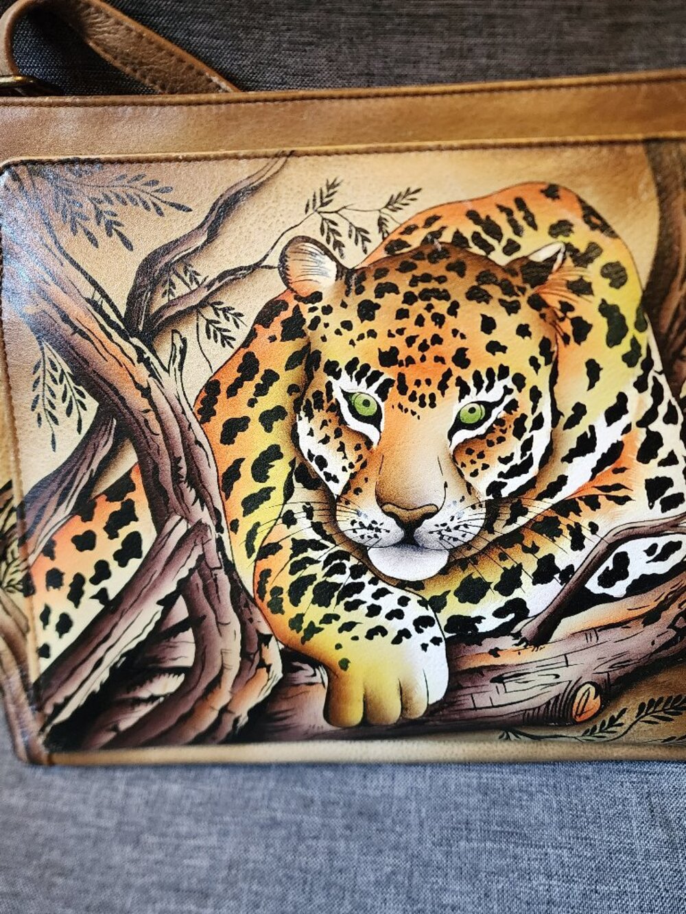 Anuschka Painted Leather African Leopard Crossbody Purse